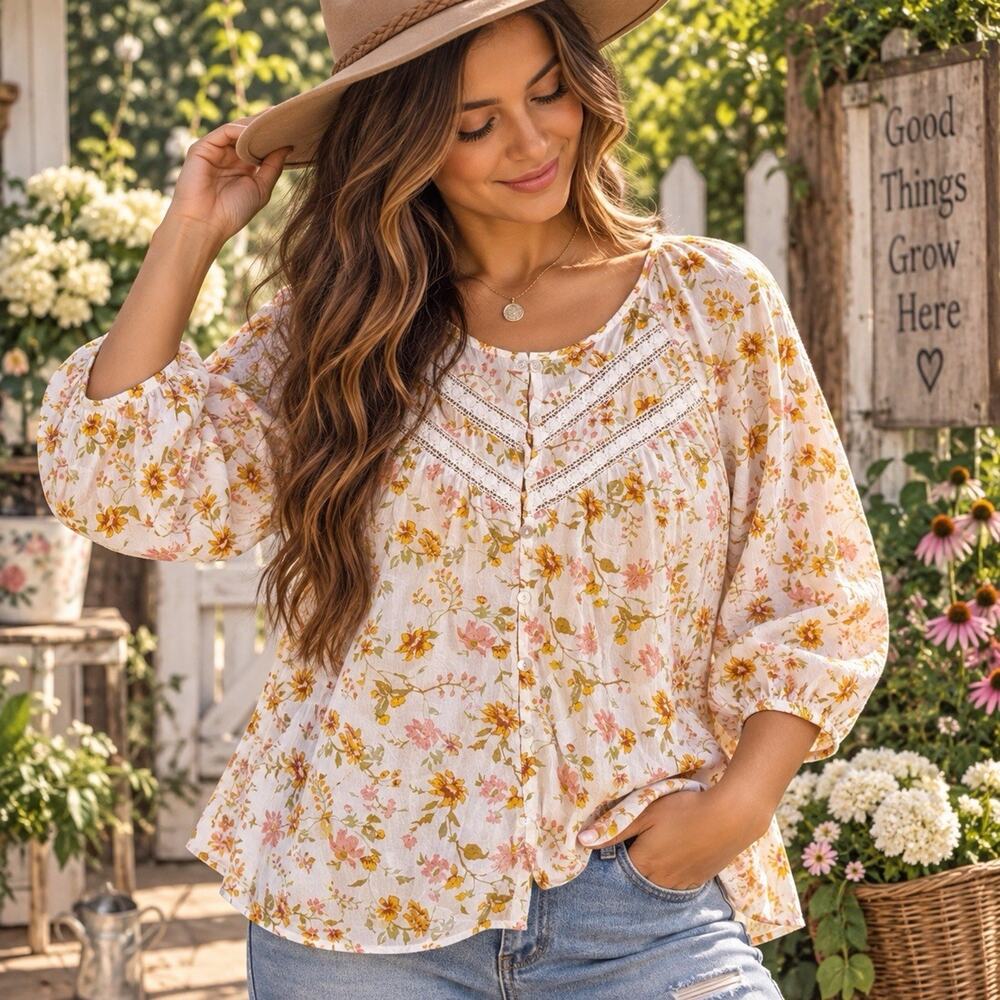 Anthropologie Hester & Orchard Sz XL Floral Cotton Blouse Cottagecore Boho Lace